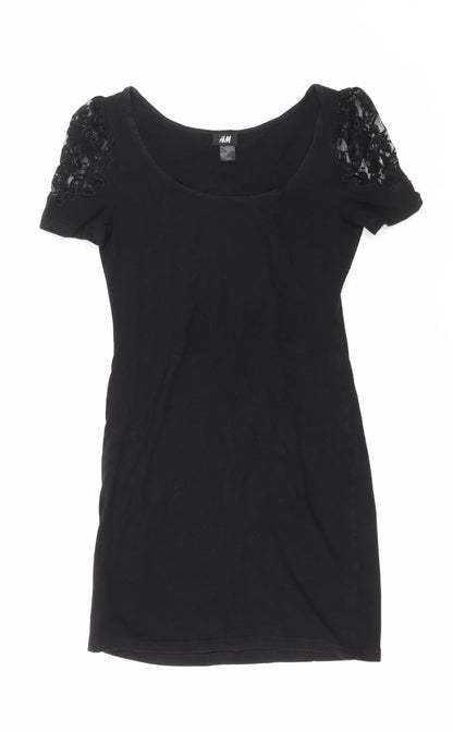 H&M Womens Black Polyester T-Shirt Dress Size 8 Scoop Neck Pullover - Lace shoulder detail