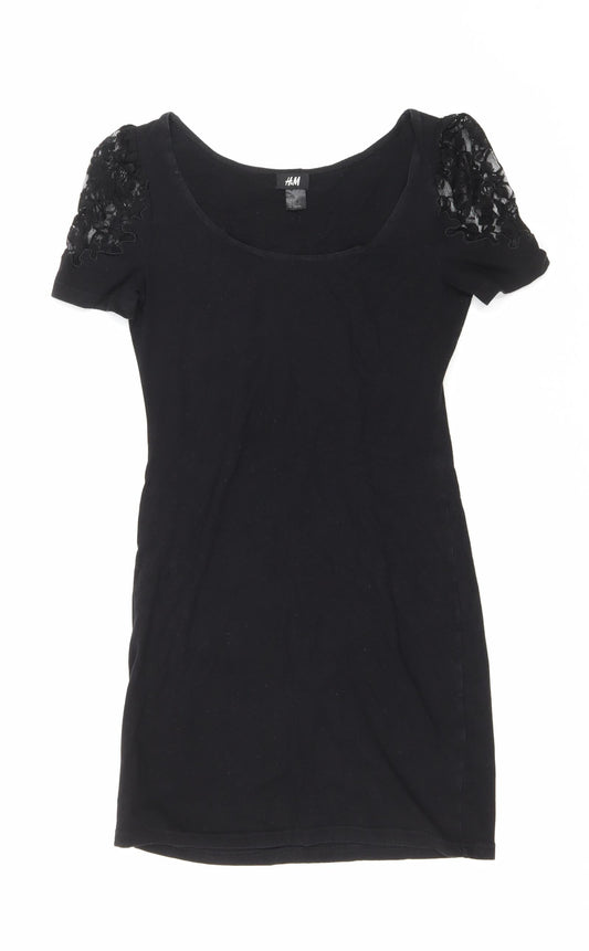 H&M Womens Black Polyester T-Shirt Dress Size 8 Scoop Neck Pullover - Lace shoulder detail