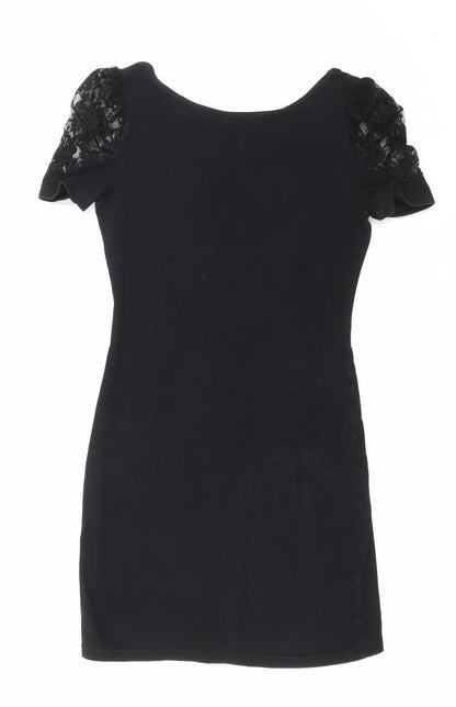H&M Womens Black Polyester T-Shirt Dress Size 8 Scoop Neck Pullover - Lace shoulder detail