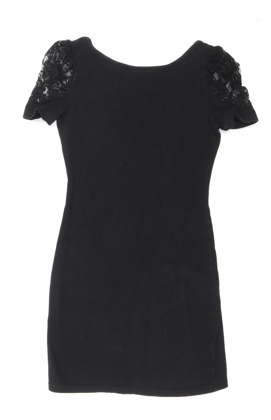 H&M Womens Black Polyester T-Shirt Dress Size 8 Scoop Neck Pullover - Lace shoulder detail