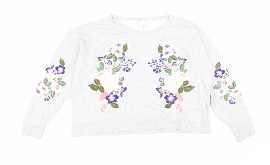 H&M Womens Grey Cotton Pullover Sweatshirt Size L Pullover - Flowers