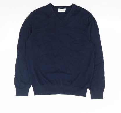 Marks and Spencer Mens Blue V-Neck Cotton Pullover Jumper Size L