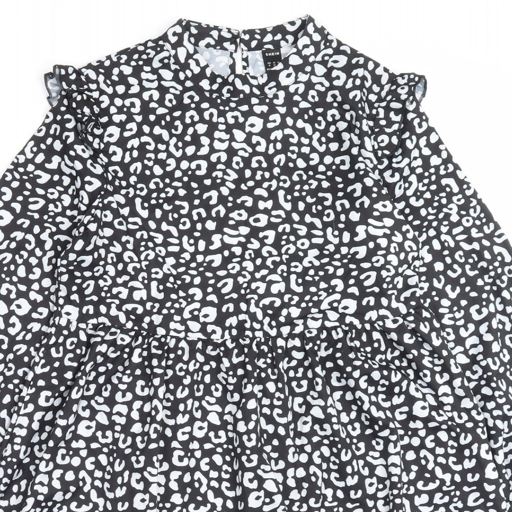 SheIn Womens Black Geometric Polyester A-Line Size M Crew Neck Zip