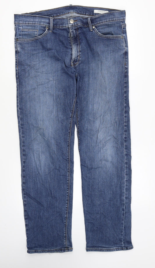 Marks and Spencer Mens Blue Cotton Straight Jeans Size 36 in L31 in Regular Zip