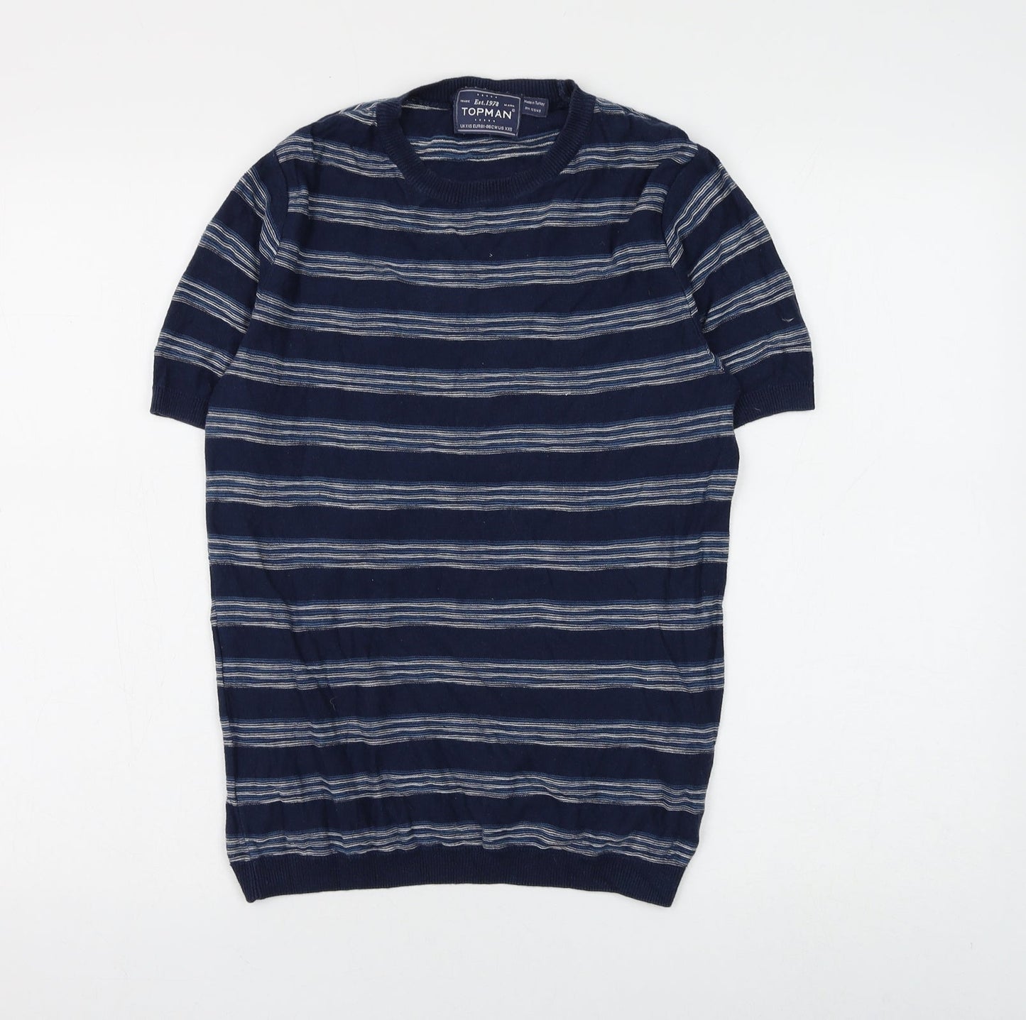 Topman Mens Blue Round Neck Striped Cotton Pullover Jumper Size XS