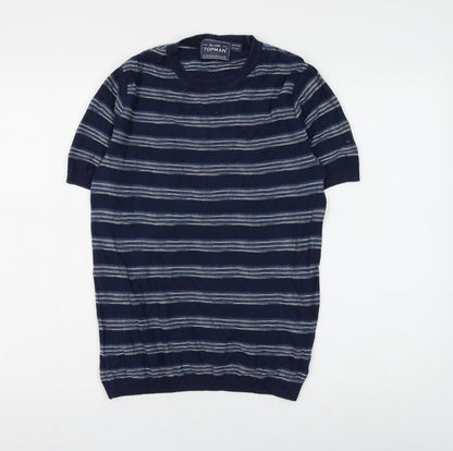 Topman Mens Blue Round Neck Striped Cotton Pullover Jumper Size XS