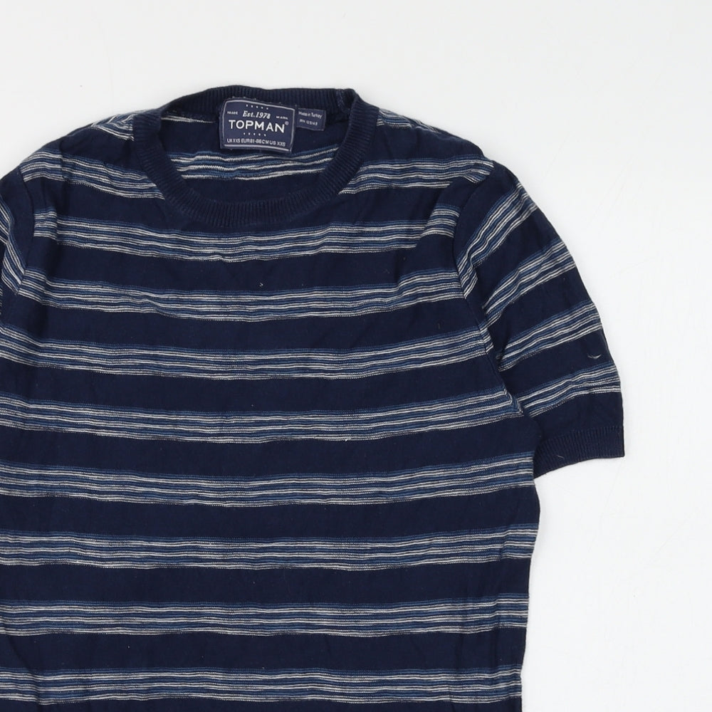 Topman Mens Blue Round Neck Striped Cotton Pullover Jumper Size XS