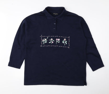 Claire Ashton Womens Blue Floral Polyester Pullover Sweatshirt Size S Button