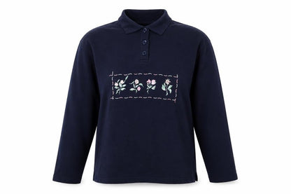 Claire Ashton Womens Blue Floral Polyester Pullover Sweatshirt Size S Button