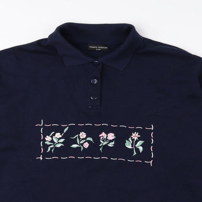 Claire Ashton Womens Blue Floral Polyester Pullover Sweatshirt Size S Button