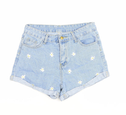SheIn Womens Blue Floral Cotton Hot Pants Shorts Size M Regular Zip