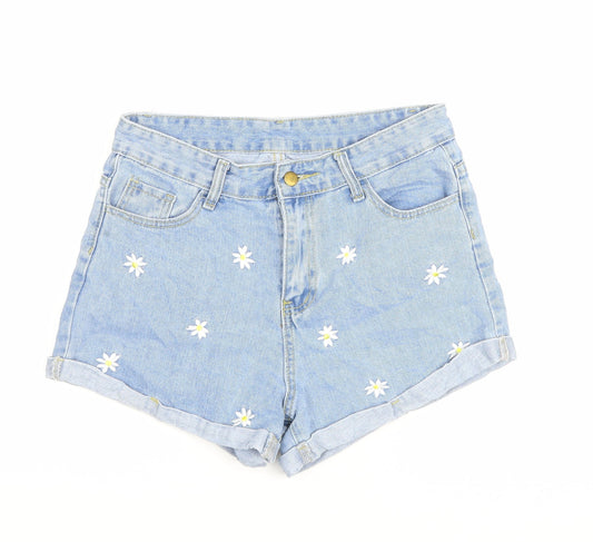 SheIn Womens Blue Floral Cotton Hot Pants Shorts Size M Regular Zip
