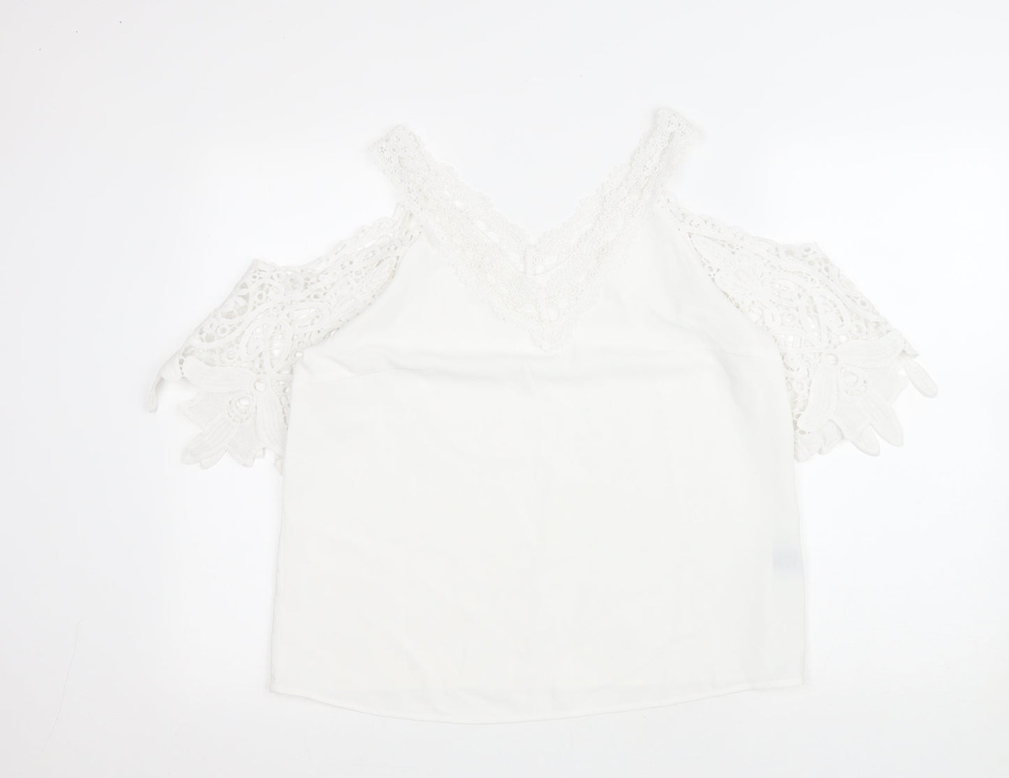 SheIn Womens White Polyester Basic Blouse Size M Collared - Lace trimming and cold shoulder