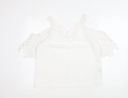 SheIn Womens White Polyester Basic Blouse Size M Collared - Lace trimming and cold shoulder