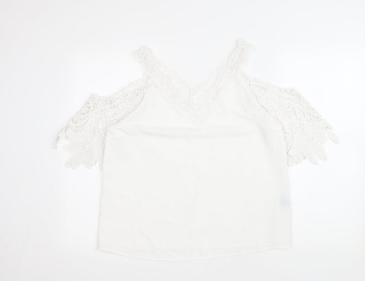 SheIn Womens White Polyester Basic Blouse Size M Collared - Lace trimming and cold shoulder
