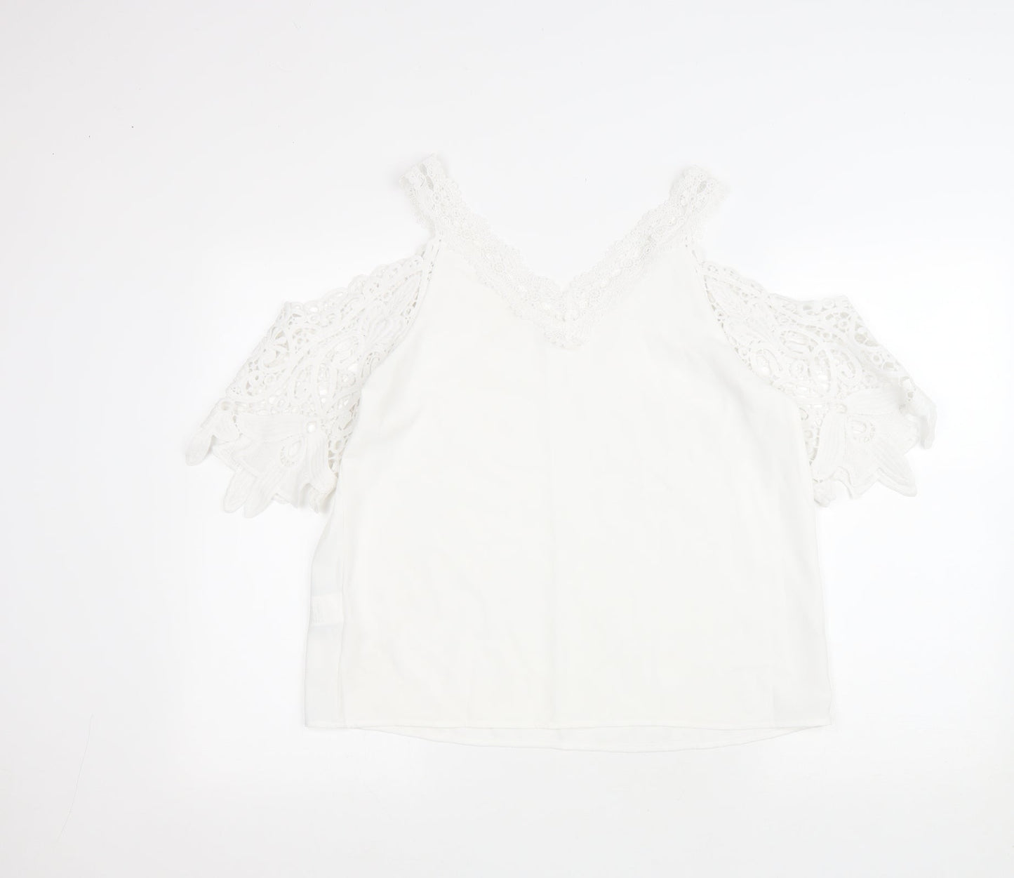 SheIn Womens White Polyester Basic Blouse Size M Collared - Lace trimming and cold shoulder