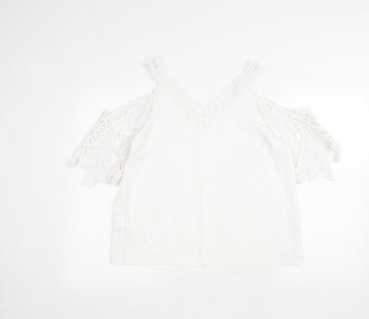 SheIn Womens White Polyester Basic Blouse Size M Collared - Lace trimming and cold shoulder