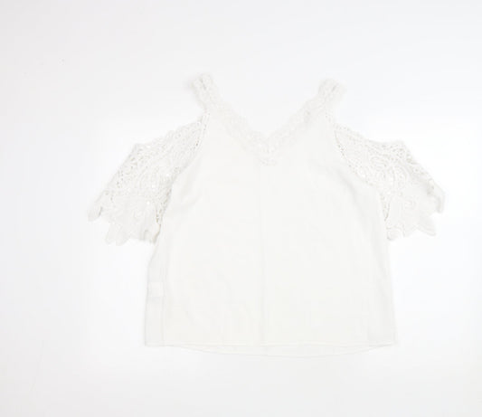 SheIn Womens White Polyester Basic Blouse Size M Collared - Lace trimming and cold shoulder