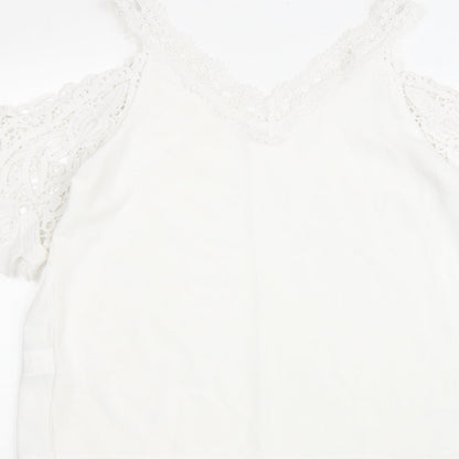 SheIn Womens White Polyester Basic Blouse Size M Collared - Lace trimming and cold shoulder