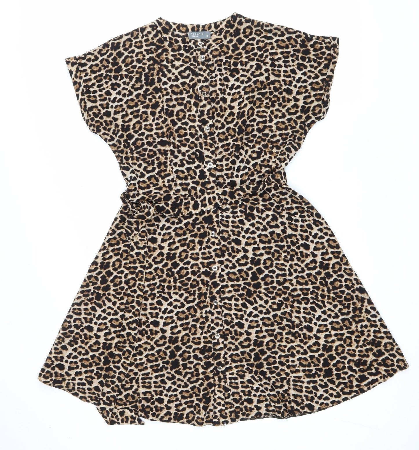 Matalan Womens Brown Animal Print Polyester Fit & Flare Size 10 V-Neck Button - Leopard Print