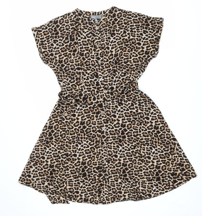 Matalan Womens Brown Animal Print Polyester Fit & Flare Size 10 V-Neck Button - Leopard Print