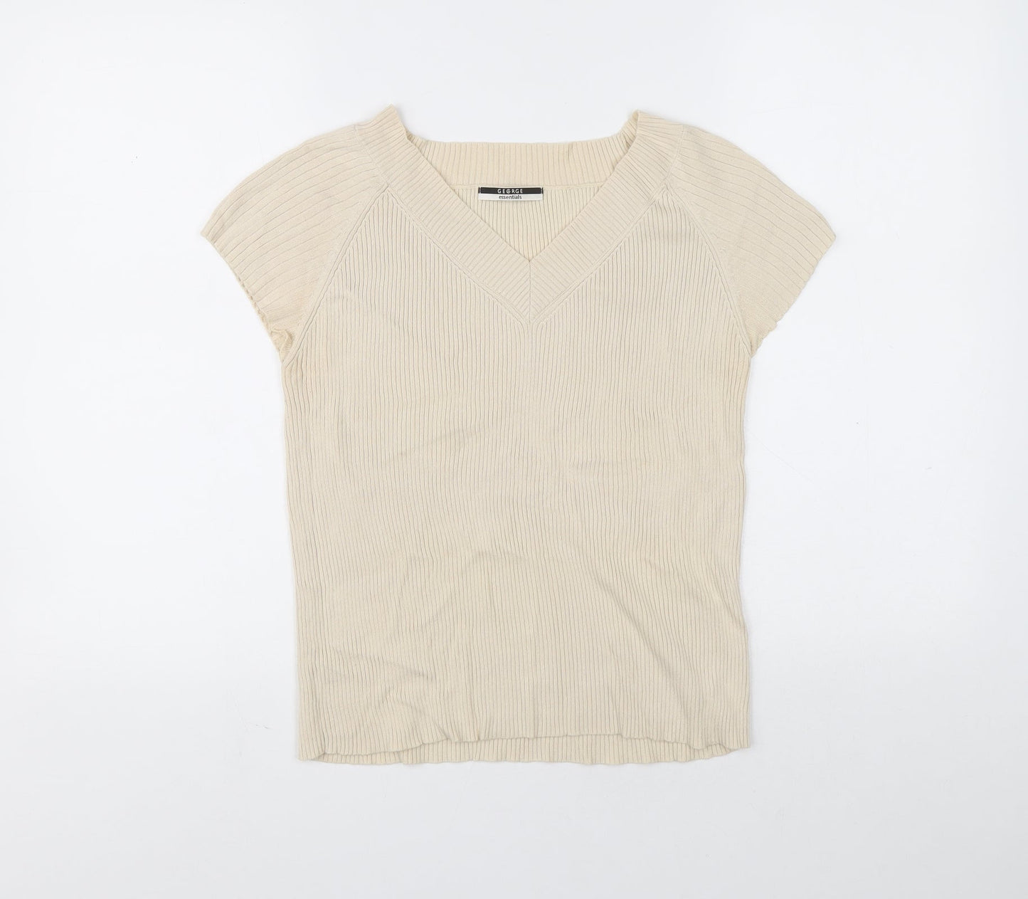 George Womens Beige V-Neck Cotton Pullover Jumper Size 14 - Ribbed fabric