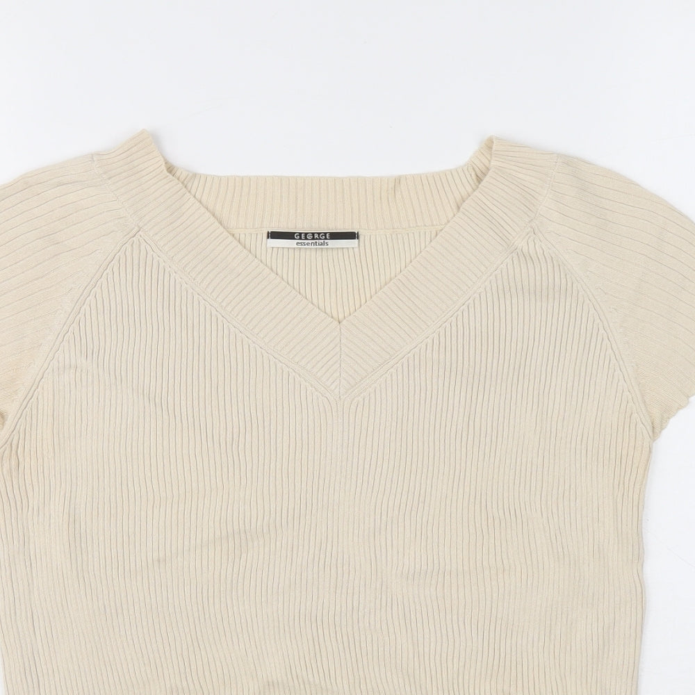 George Womens Beige V-Neck Cotton Pullover Jumper Size 14 - Ribbed fabric