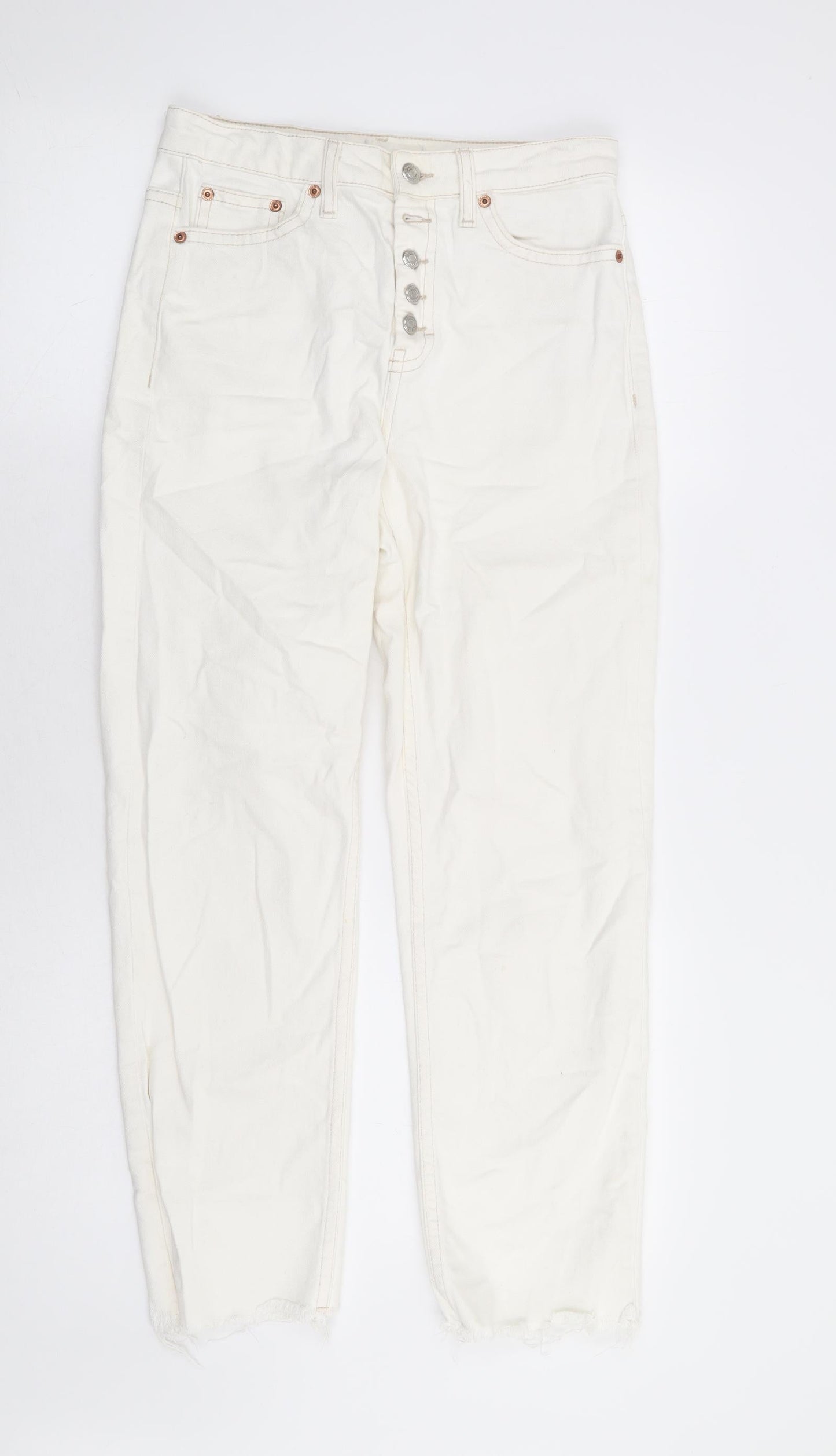 Topshop Womens White Cotton Straight Jeans Size 26 in L27 in Regular Button - Distressed Hems