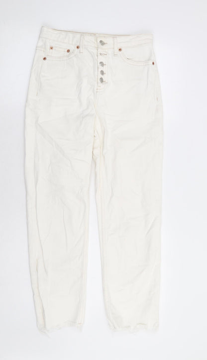 Topshop Womens White Cotton Straight Jeans Size 26 in L27 in Regular Button - Distressed Hems