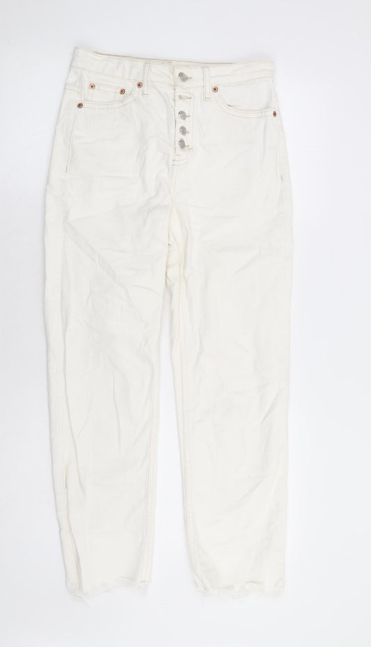 Topshop Womens White Cotton Straight Jeans Size 26 in L27 in Regular Button - Distressed Hems