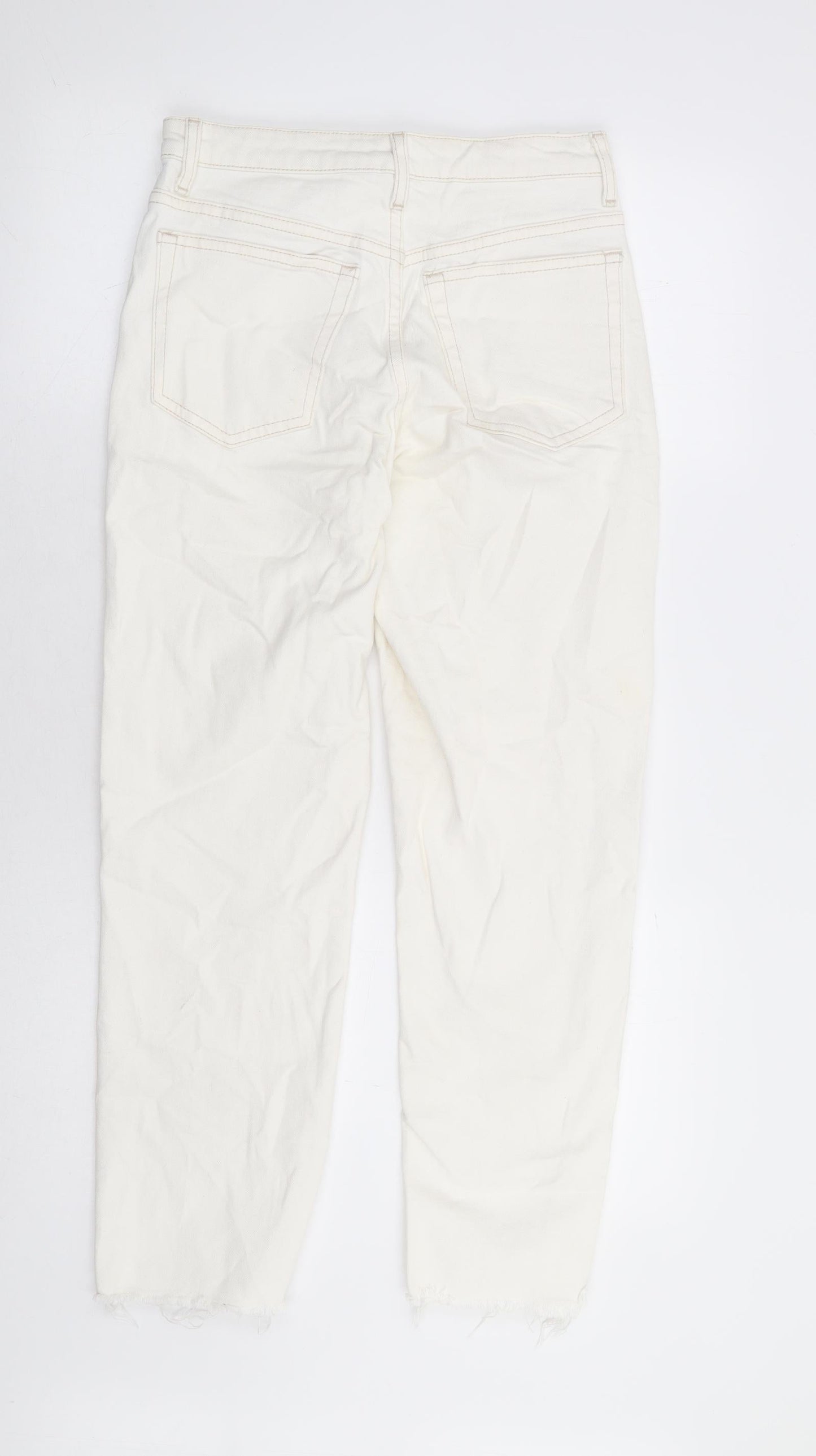 Topshop Womens White Cotton Straight Jeans Size 26 in L27 in Regular Button - Distressed Hems