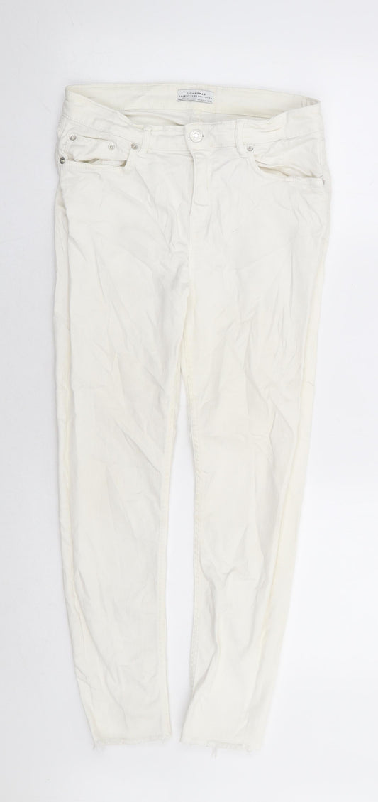 Zara Womens White Cotton Skinny Jeans Size 10 L25 in Regular Zip - Distressed Hem Ankle Grazer