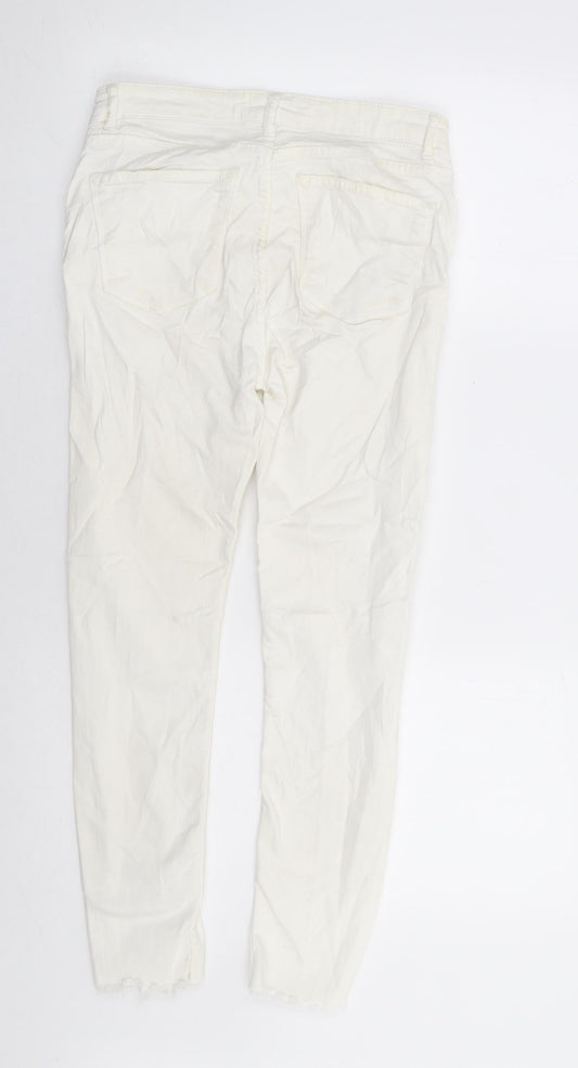 Zara Womens White Cotton Skinny Jeans Size 10 L25 in Regular Zip - Distressed Hem Ankle Grazer