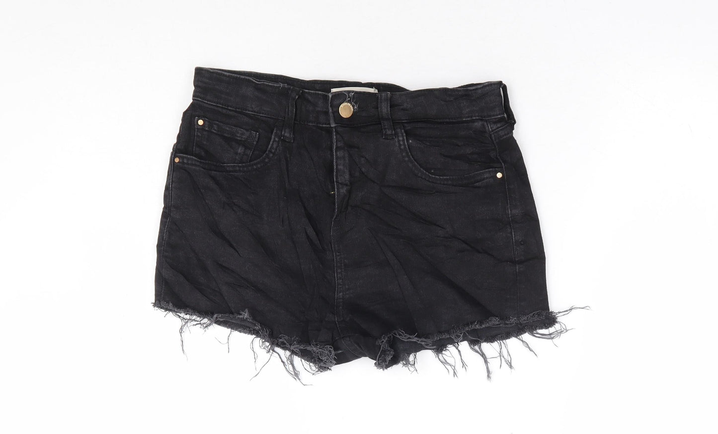 River Island Womens Black Cotton Hot Pants Shorts Size 8 L3 in Regular Zip - Distressed Hems