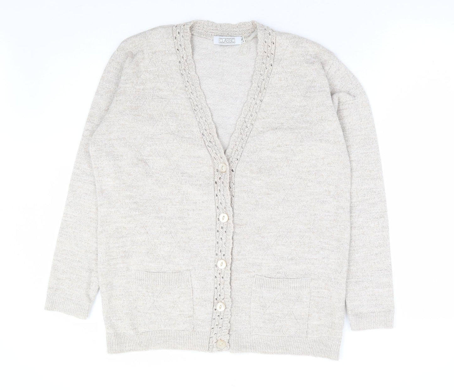 Classic Womens Beige V-Neck Acrylic Cardigan Jumper Size L