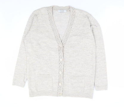 Classic Womens Beige V-Neck Acrylic Cardigan Jumper Size L