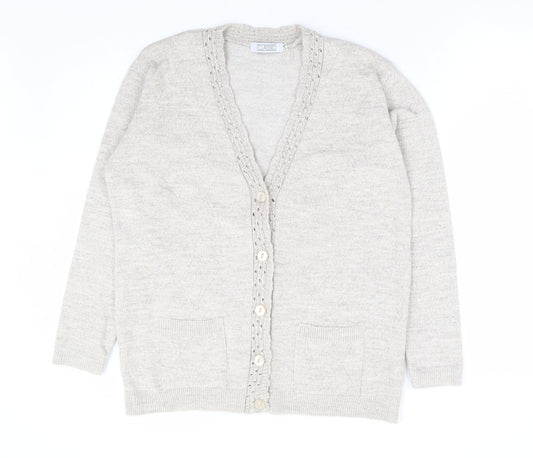 Classic Womens Beige V-Neck Acrylic Cardigan Jumper Size L