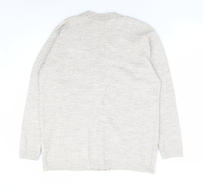 Classic Womens Beige V-Neck Acrylic Cardigan Jumper Size L