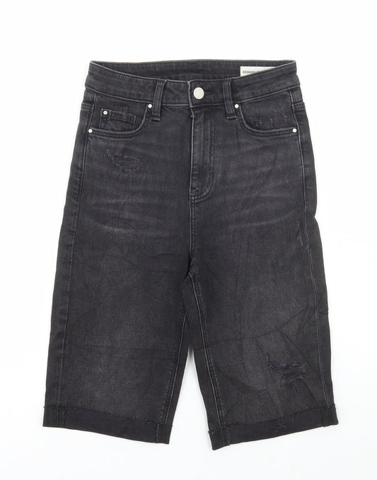 Marks and Spencer Womens Beige Cotton Bermuda Shorts Size 6 L11.5 in Regular Button - Distressed Denim