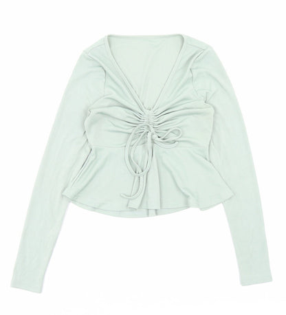 SheIn Womens Green Polyester Basic T-Shirt Size XS V-Neck - Ruched Detail