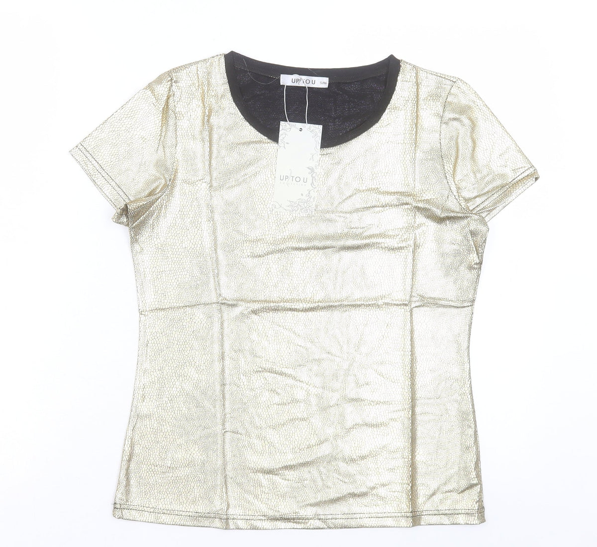 Up Tou Collection Womens Gold Polyester Basic T-Shirt Size S Crew Neck
