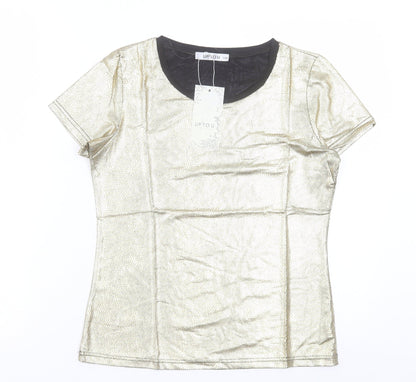 Up Tou Collection Womens Gold Polyester Basic T-Shirt Size S Crew Neck