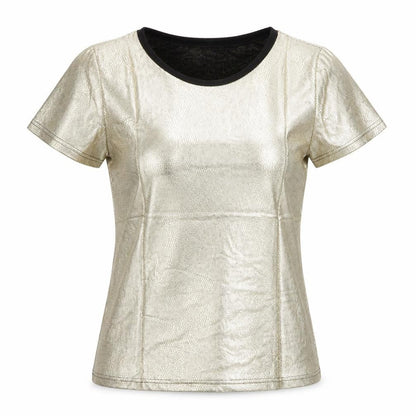 Up Tou Collection Womens Gold Polyester Basic T-Shirt Size S Crew Neck