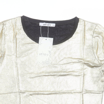 Up Tou Collection Womens Gold Polyester Basic T-Shirt Size S Crew Neck