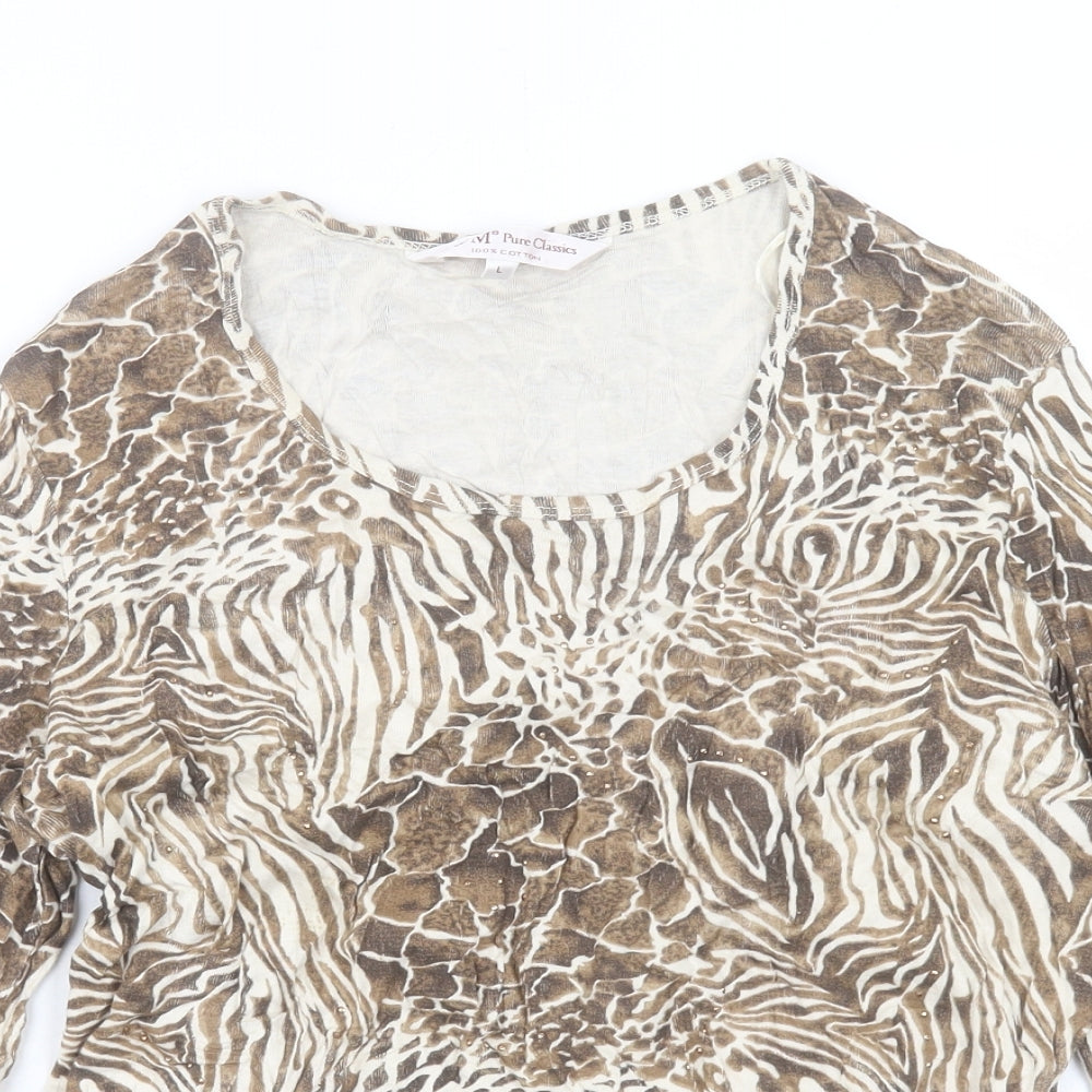 EWM Womens Brown Animal Print Cotton Basic T-Shirt Size L Crew Neck