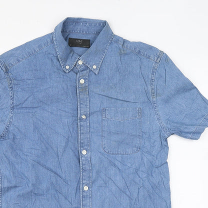Mens UK Size S Marks and Spencer Blue  Button-Up Short Sleeve Casual Shirt