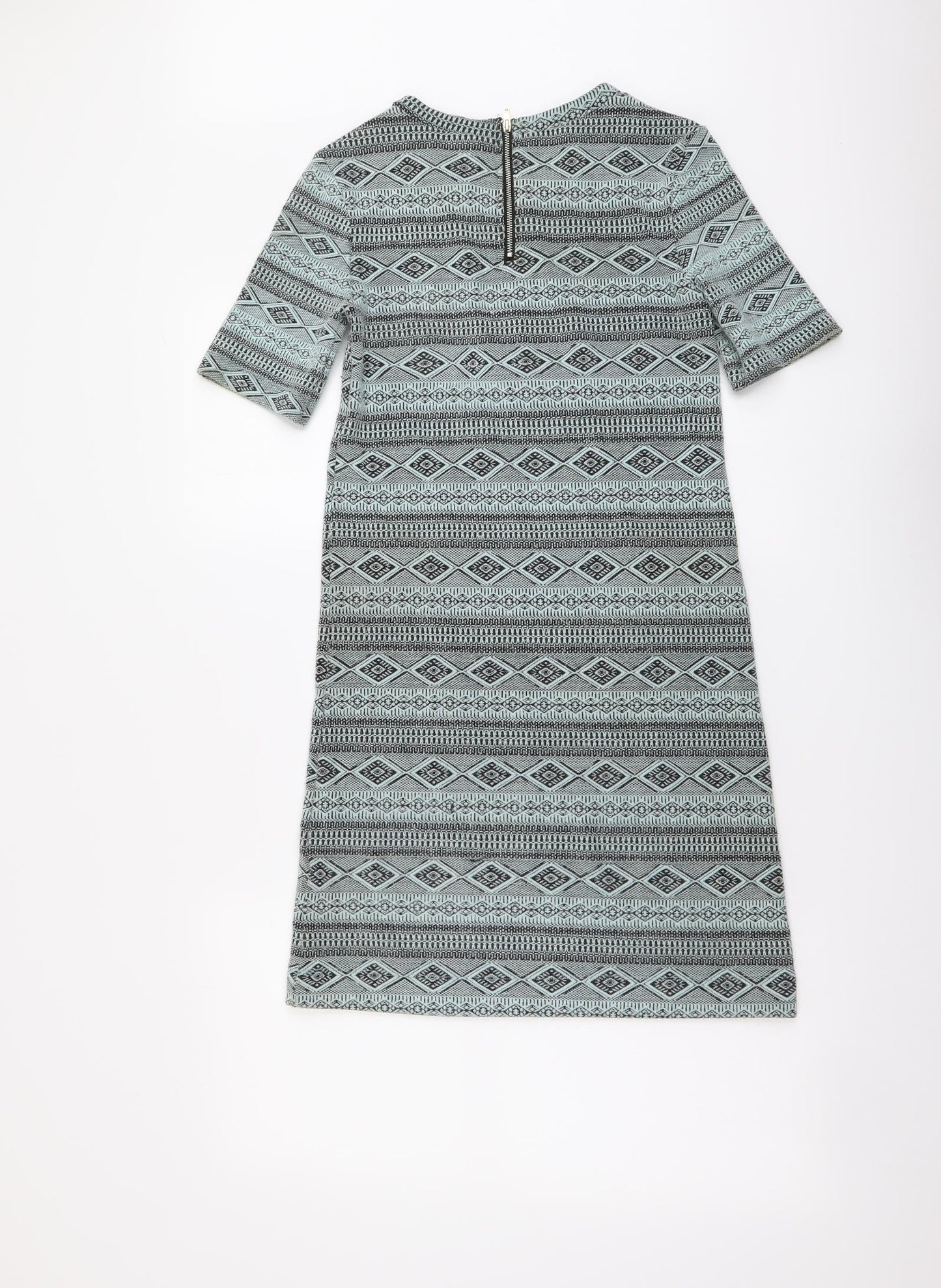 H&M Womens Green Geometric Polyester A-Line Size XS Round Neck Zip