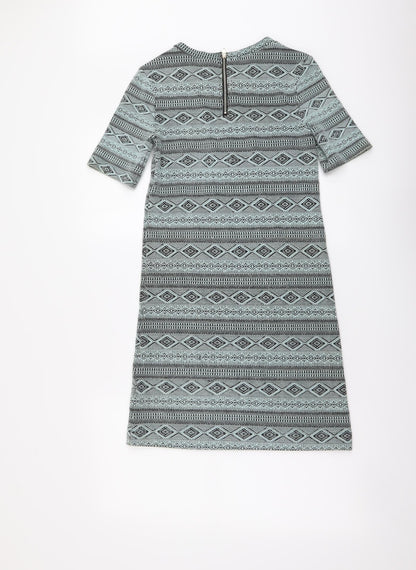 H&M Womens Green Geometric Polyester A-Line Size XS Round Neck Zip
