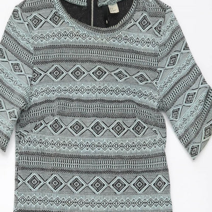 H&M Womens Green Geometric Polyester A-Line Size XS Round Neck Zip