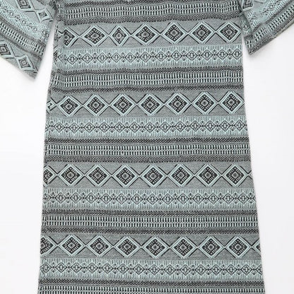 H&M Womens Green Geometric Polyester A-Line Size XS Round Neck Zip
